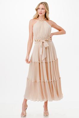 Pleated Midi Dress with Chain Detail