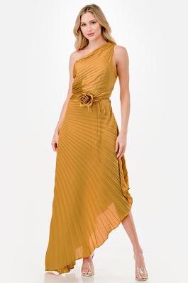 Satin Pleated Asymmetric Midi Dress