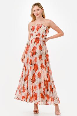Strapless Pleated Print Midi Dress