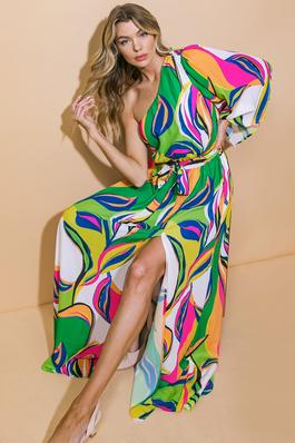PRINTED WOVEN ONE SHOULDER MAXI DRESS