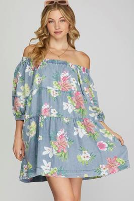 PUFF SLEEVE WASHED CHAMBRAY FLORAL PRINT TIERED DRESS