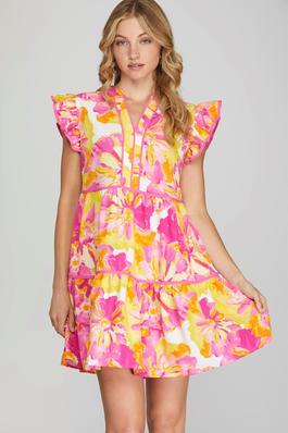 RUFFLE SLEEVE CONTRAST PIPING TIERED SIDE FLORAL PRINT WOVEN DRESS
