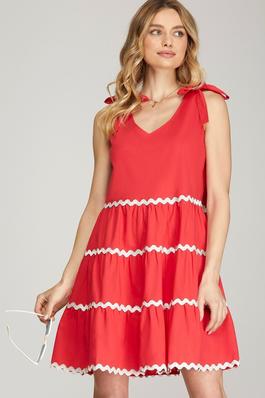 BOW SHOULDER WOVEN TIERED DRESS