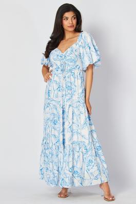 FLORAL PRINTED BUBBLE SLEEVE MAXI DRESS