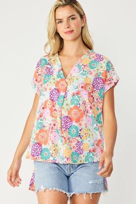 FLORAL PRINT HI LOW V NECK RELAXED FIT TOP