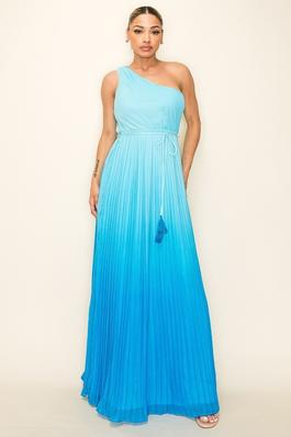 OMBRE ONE SHOULDER PLEATED MAXI DRESS