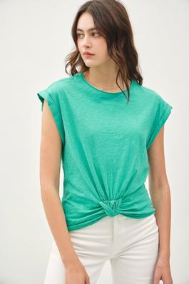 FRONT KNOT ROLLED CAP SLEEVE SOLID TOP