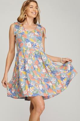 BOW SHOULDER TIE WASHED CHAMBRAY FLORAL PRINT TIERED DRESS