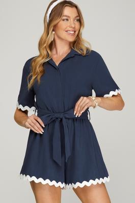 HALF WIDE SLEEVE WOVEN COLLARED ROMPER