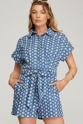 DROP SHOULDER WOVEN EYELET COLLARED BUTTON DOWN ROMPER