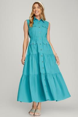 BUTTON DOWN TIERED WOVEN COLLARED ELASTIC WAIST MAXI DRESS