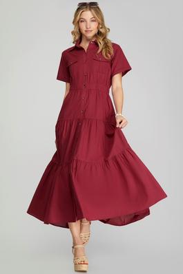 HALF SLEEVE BUTTON DOWN TIERED WOVEN FULL LENGTH DRESS