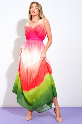 PLEATED OMBRE MAXI DRESS WITH BACK ZIPPER AND LINING