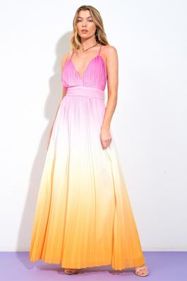PLEATED OMBRE MAXI DRESS WITH BACK ZIPPER AND LINING
