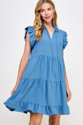 SOLID WOVEN TIERED DRESS WITH RUFFLED COLLAR