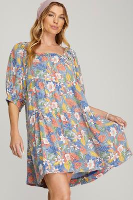 PUFF SLEEVE WASHED CHAMBRAY FLORAL PRINT TIERED DRESS