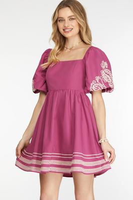 PUFF SLEEVE HEAVY EMBROIDERED WOVEN SQUARE NECK MINI DRESS