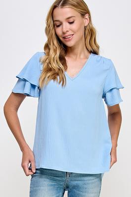 SOLID WOVEN DOUBLE LAYERED SLEEVE TOP