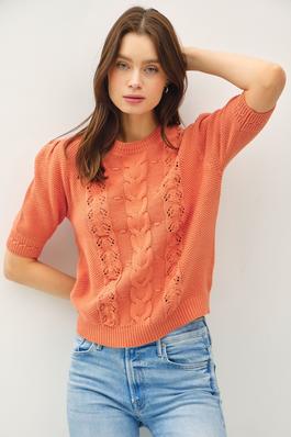 CHUNKY PUFF SHORT SLEEVE CABLE KNIT SWEATER