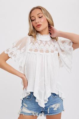 CROCHET LACE CONTRAST BELL SLEEVE BLOUSE