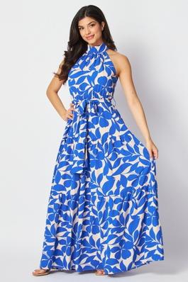 FLORAL PRINTED HALTER NECK TIERED MAXI DRESS