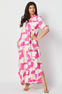 PRINTED WOVEN BUTTON DOWN FULL LENGTH DRESS