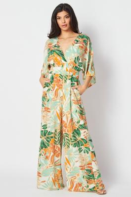 WOVEN PALM PRINTED V NECK JUMPSUIT