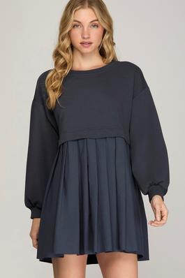LONG SLEEVE FRENCH TERRY KNIT PLEATED DRESS