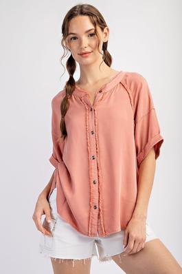 FRYED BUTTON DOWN HALF SLEEVE SOLID TOP