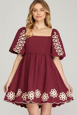 PUFF SLEEVE EMBROIDERED WOVEN SQUARE NECK MINI DRESS