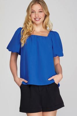 PUFF SLEEVE SQUARE NECK WOVEN TOP