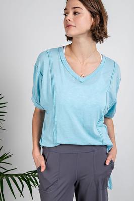 MINERAL WASHED PUFF SLEEVE SOLID TOP