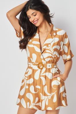ABSTRACT LEAF PRINT WOVEN ROMPER
