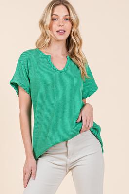 NOTCHED NECKLINED RIBBED SHORT SLEEVE SOLID TOP