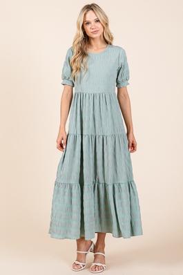TEXTURED SHORT SLEEVE MIDI DRESS WITH TIERED SKIRT