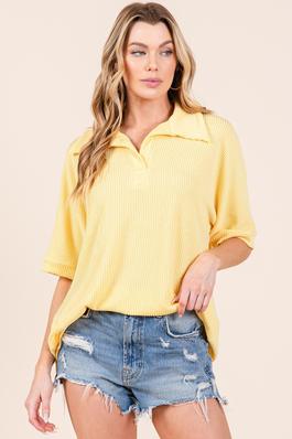 RIBBED SHORT SLEEVE SOLID TOP