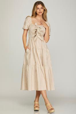 STRIPED SHORT SLEEVE TIERED WOVEN SMOCK DRESS