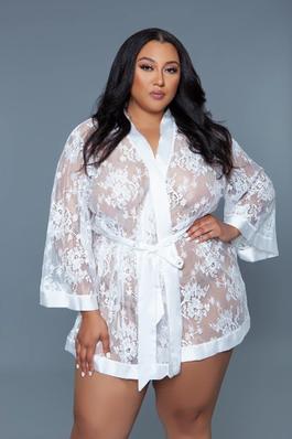 Plus Delia Lace Robe with Satin Trimming