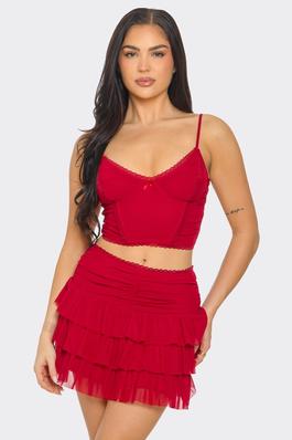 MESH LACE TOP AND RUFFLE SKIRT SET