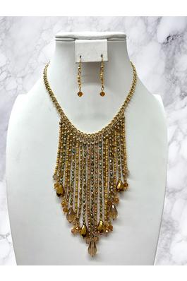 Crystal Beads Drop Dangle Fringe Necklace Set