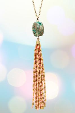 FACETED STONE BEADED TASSEL LONG NECKLACE