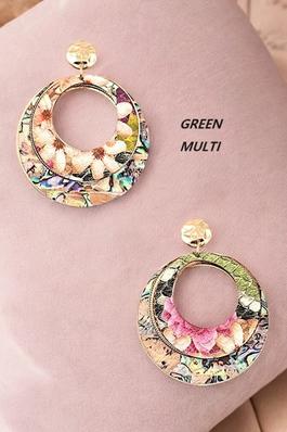 ROUND FLORAL PRINT DOUBLE DANGLE EARRING 