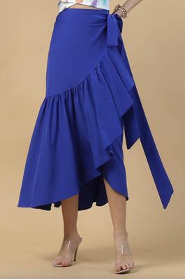 Solid Woven Fabric Hi Waist Wrap Midi Skirt