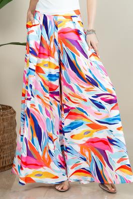 Abstract Feather Print Wide Leg Palazzo Pants