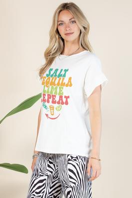 Salt Tequila Lime Repeat  Graphic Print Cotton Tee