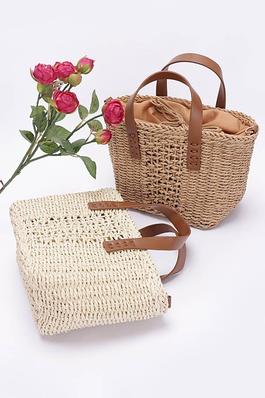 Faux Straw Top Handle Small Tote Bag