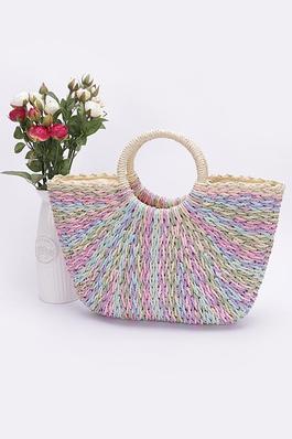 Faux Straw Multi Color Round Handle Tote Bag