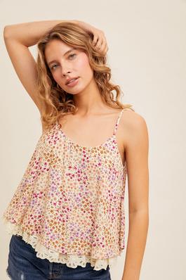 EYELET TRIMMED DITSY FLORAL PRINT SWING CAMI