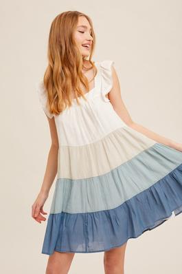 EYELET CONTRAST COLOR BLOCK TIERED DRESS