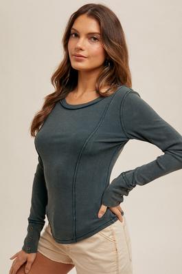 WIDE BOAT NECK SNOW WASHED RIBBED HENLEY TOP 